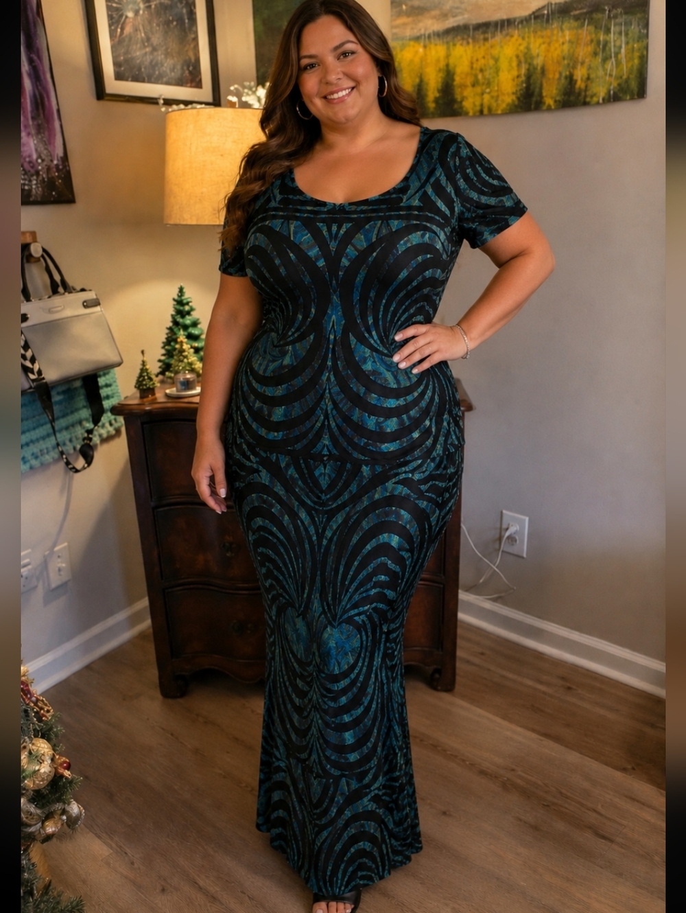 Cato Black Maxi Dress with Teal Blue Swirl Pattern